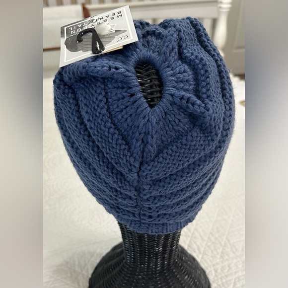NWT. C. C. Blue Messy Bun/ Pony Tail Beanie Hat. - Picture 3 of 5